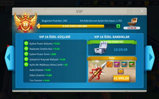 Vip 16 26 efsanevi ekipman gelişime açık hesap...